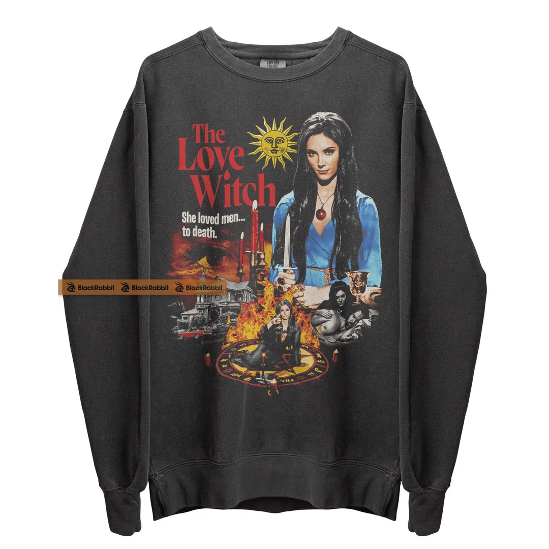 Gray sweatshirt with ’The Love Witch’ graphic.