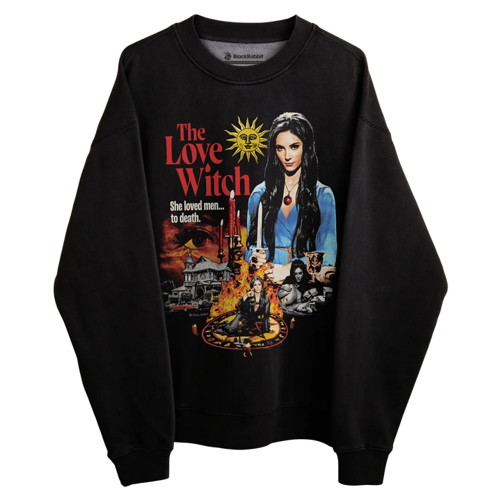 Black sweatshirt with ’the love witch’ design featuring a witch character and movie poster elements.