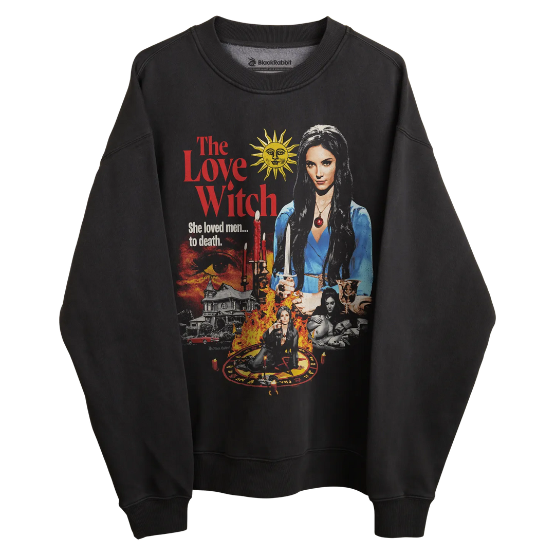 Black sweatshirt with ’the love witch’ design featuring a woman and fire elements.