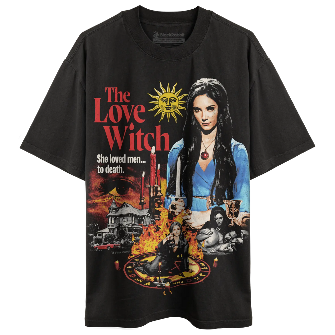 Black short-sleeved t-shirt with a ’The Love Witch’ movie poster graphic.
