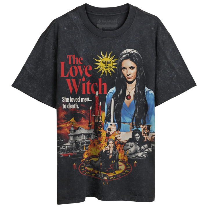 Dark grey t-shirt featuring a colorful ’The Love Witch’ movie poster graphic.