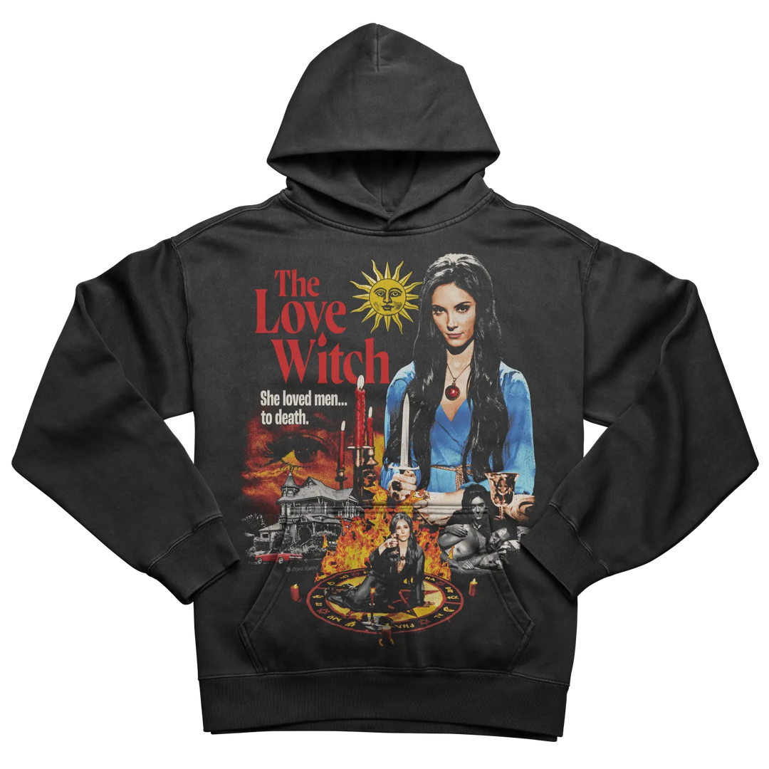 Black hoodie with a colorful ’The Love Witch’ movie poster graphic.