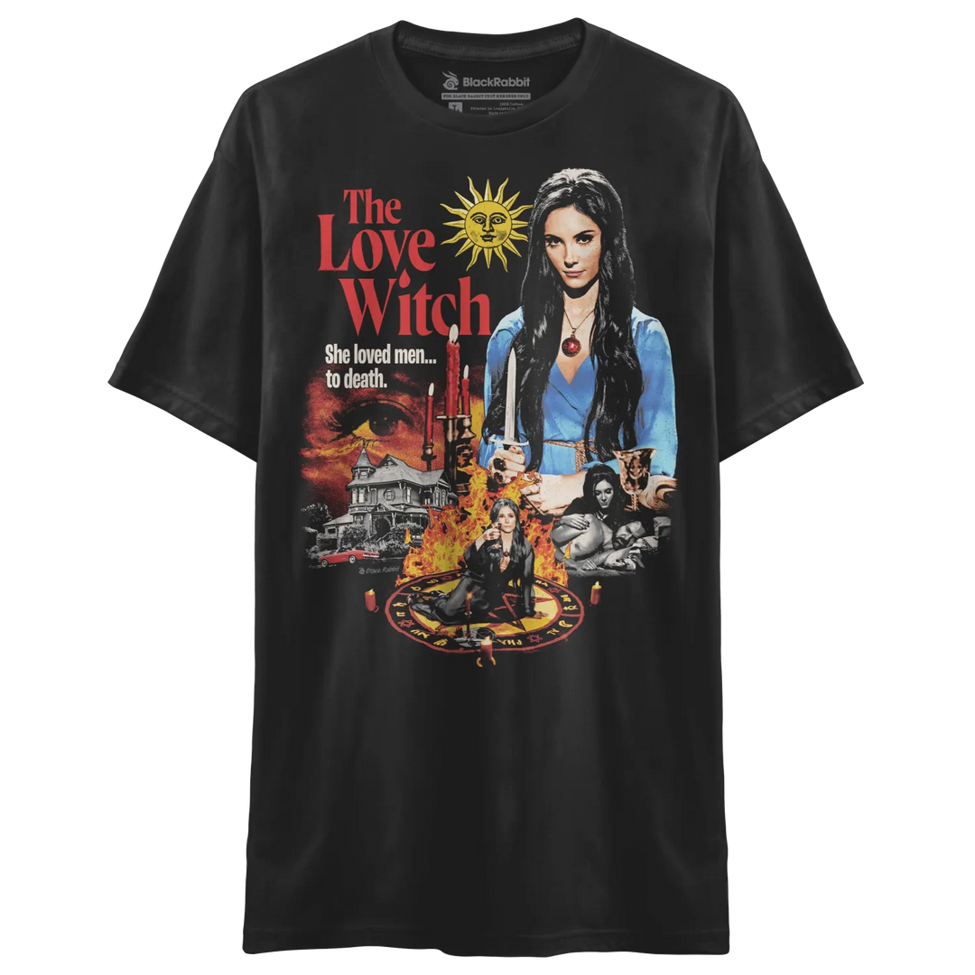 Black t-shirt with a vintage ’The Love Witch’ movie poster graphic.