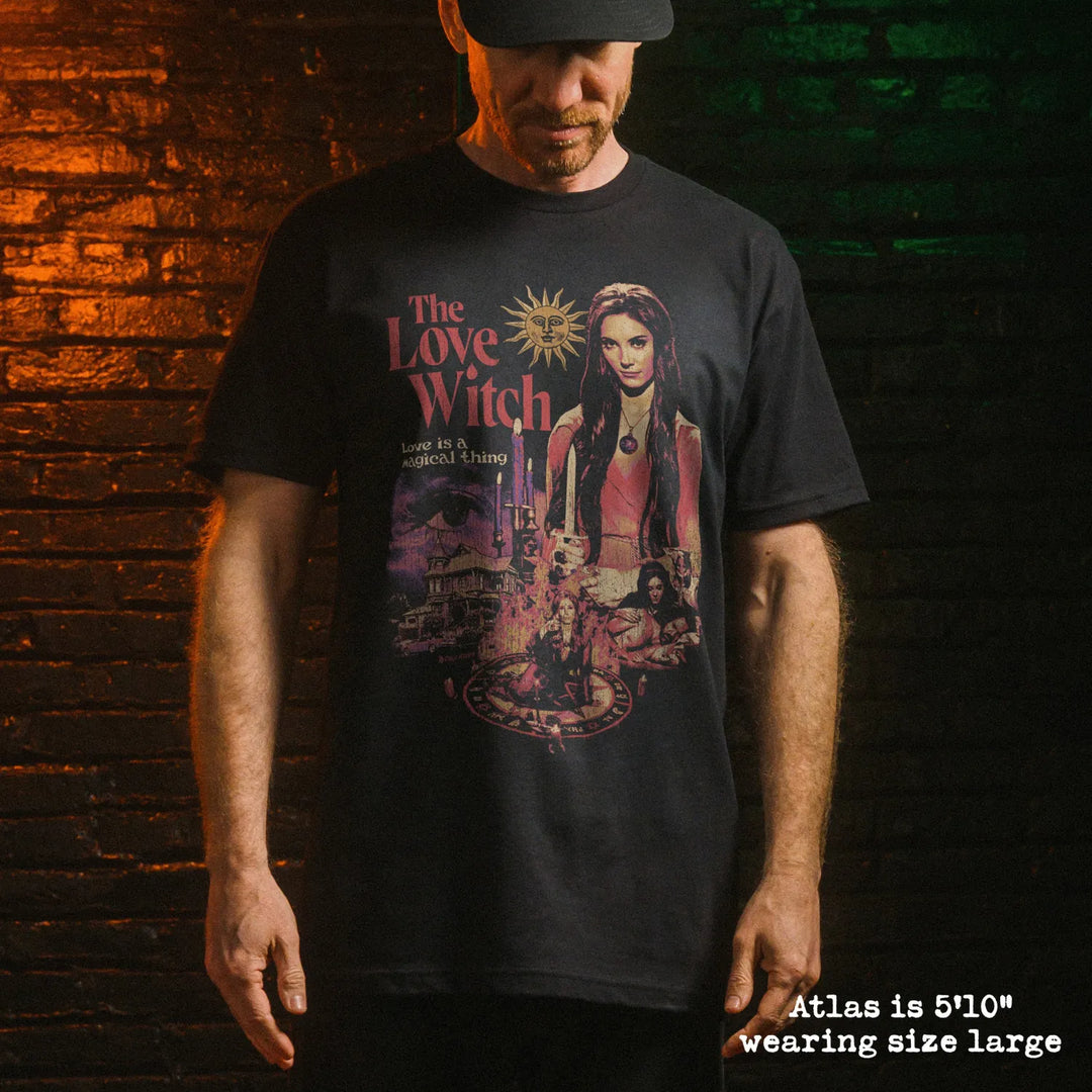 Male model wear soft premium tee with love witch graphic
