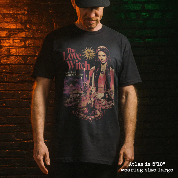 Male model wear soft premium tee with love witch graphic
