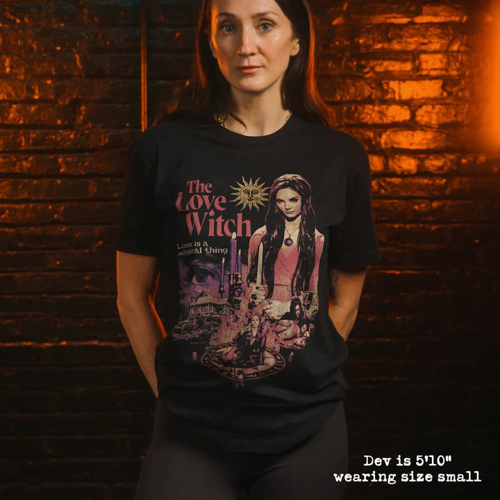 model wear soft premium tee with love witch graphic
