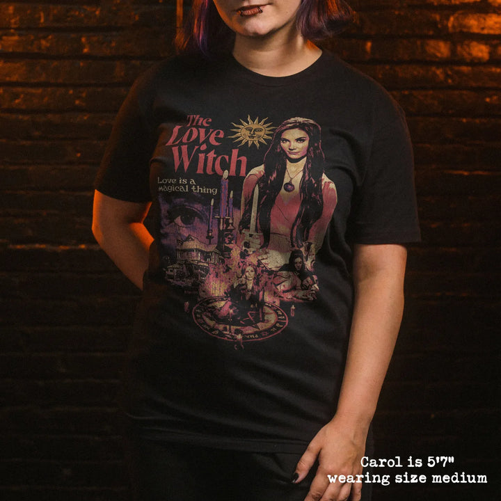 Black cotton unisex classic t-shirt with detailed love witch graphic and magical pink purple accents