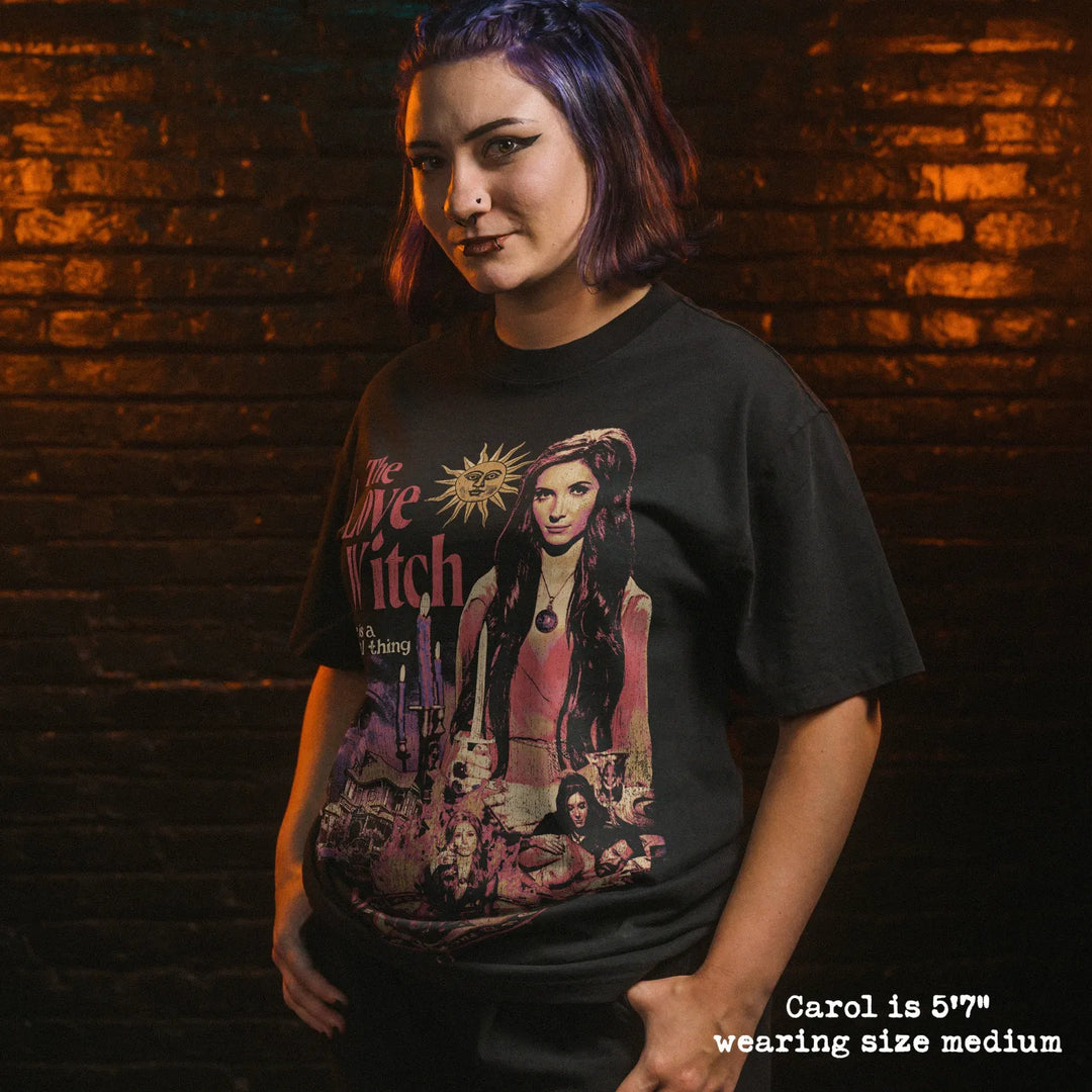 Model wearing heavy tee with love witch graphic 