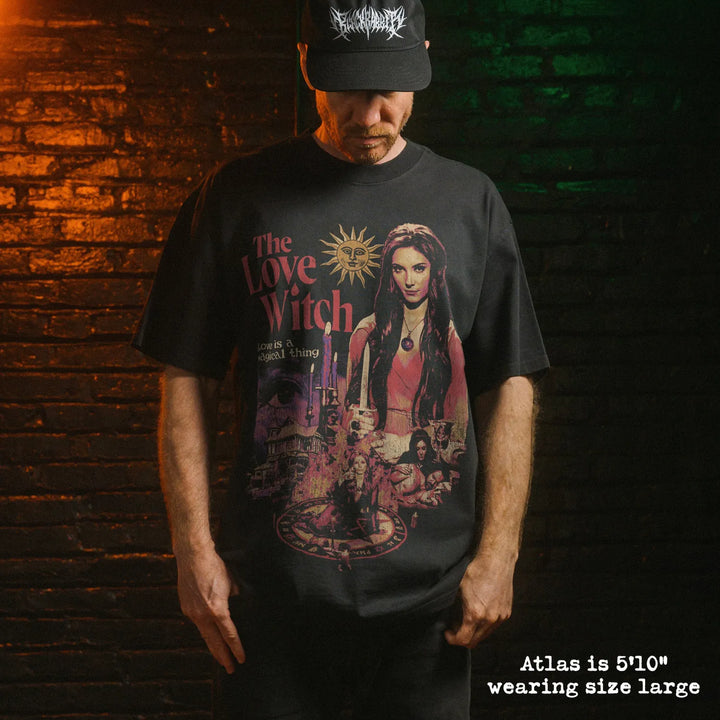 Model wearing heavy tee with love witch graphic 