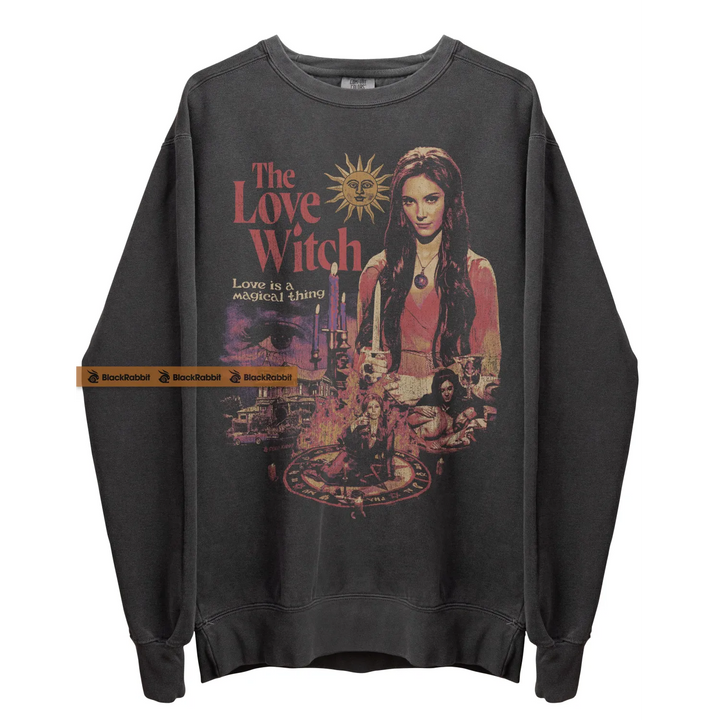 Gray sweatshirt with ’The Love Witch’ graphic.