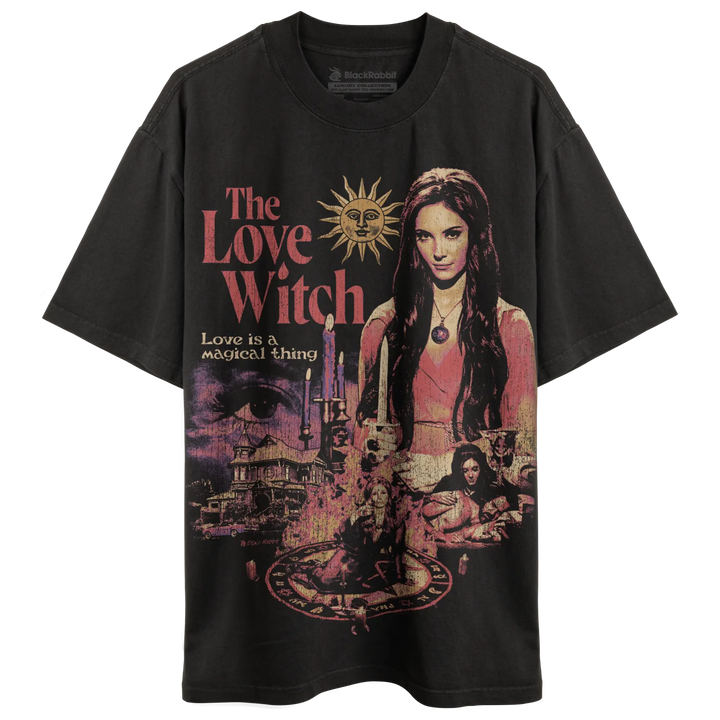 Black short-sleeved t-shirt with a colorful graphic print featuring a woman, a sun, and mystical elements.