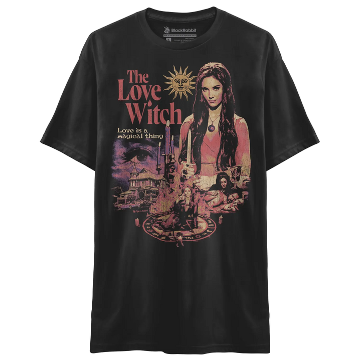Black short-sleeved t-shirt with a colorful graphic print of ’The Love Witch’ movie poster.