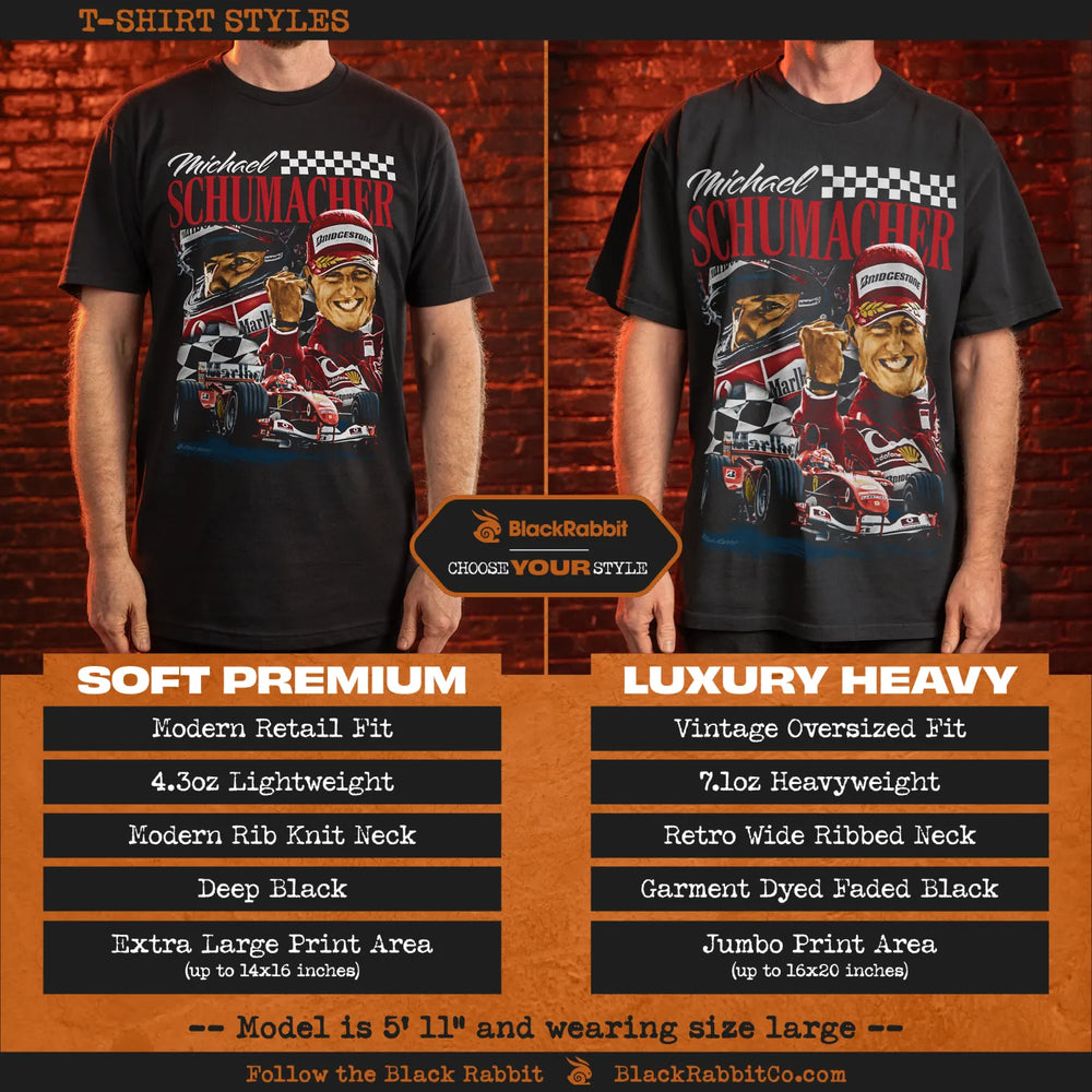 Two Michael Schumacher graphic t-shirts in different styles and fits.