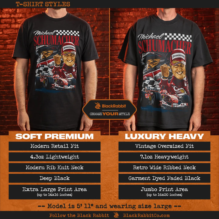 Two Michael Schumacher graphic t-shirts in different styles and fits.