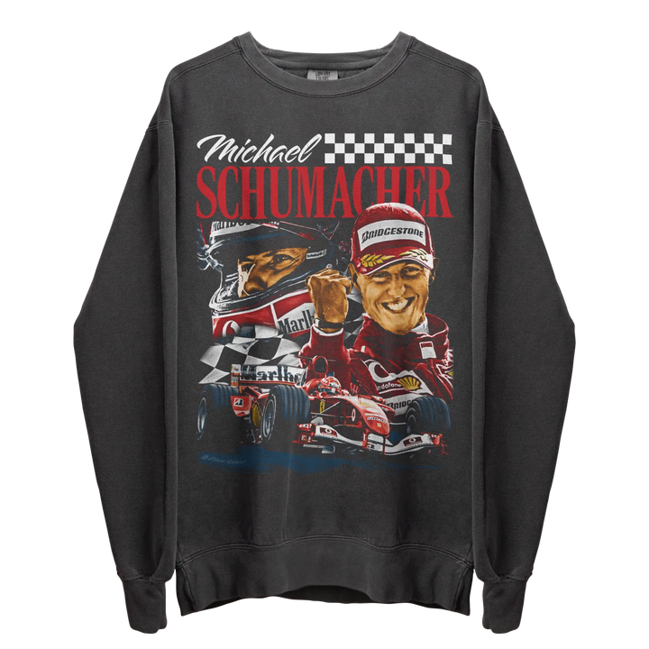 Dark gray crewneck sweatshirt with a colorful graphic print of Michael Schumacher.