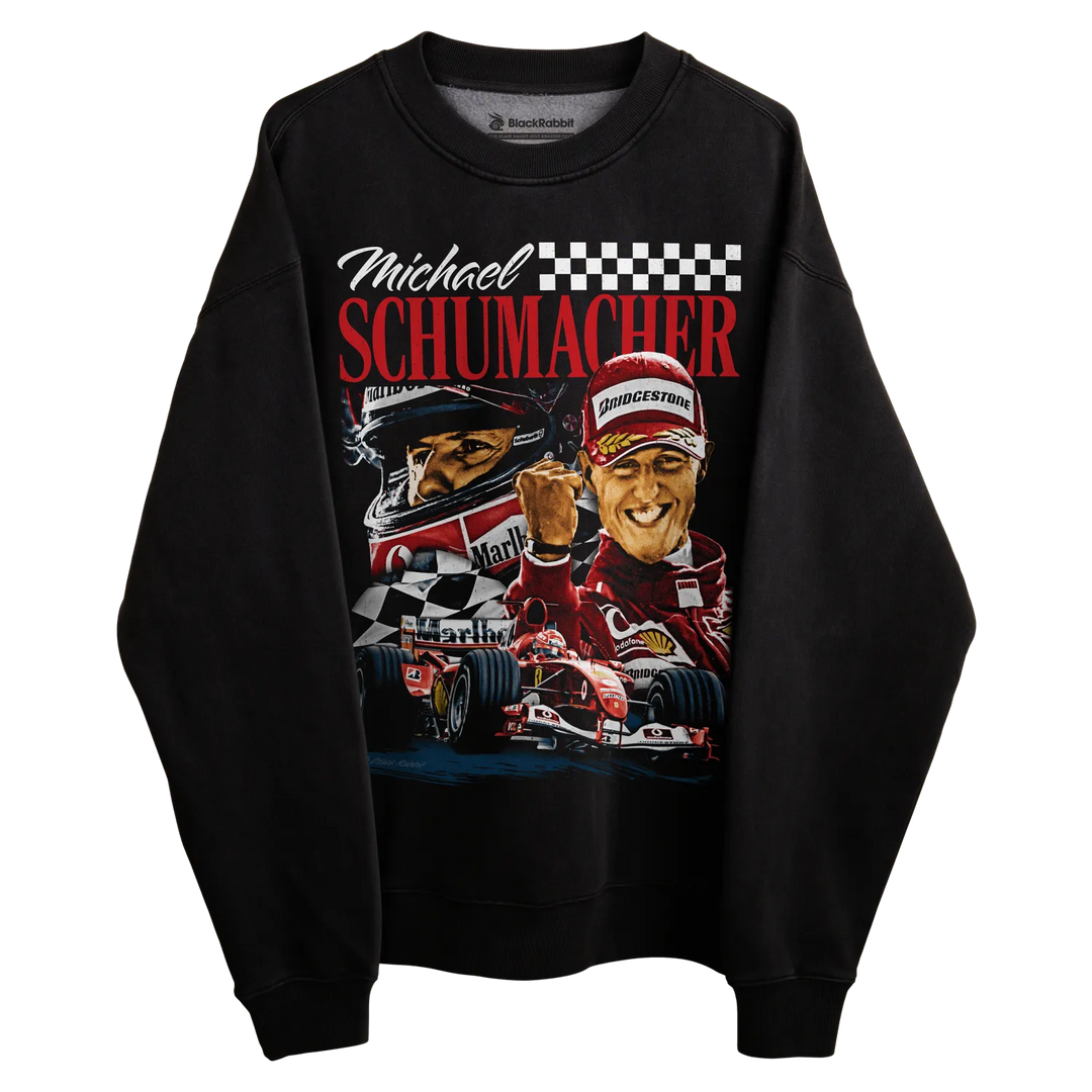 Black michael schumacher sweatshirt with racing car design and checkered flag pattern.