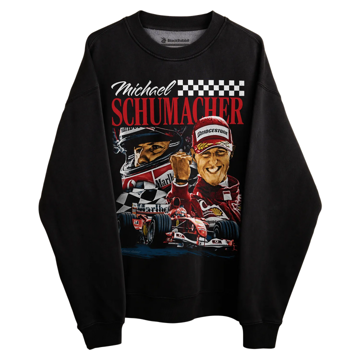 Black michael schumacher sweatshirt with racing car design and checkered flag pattern.