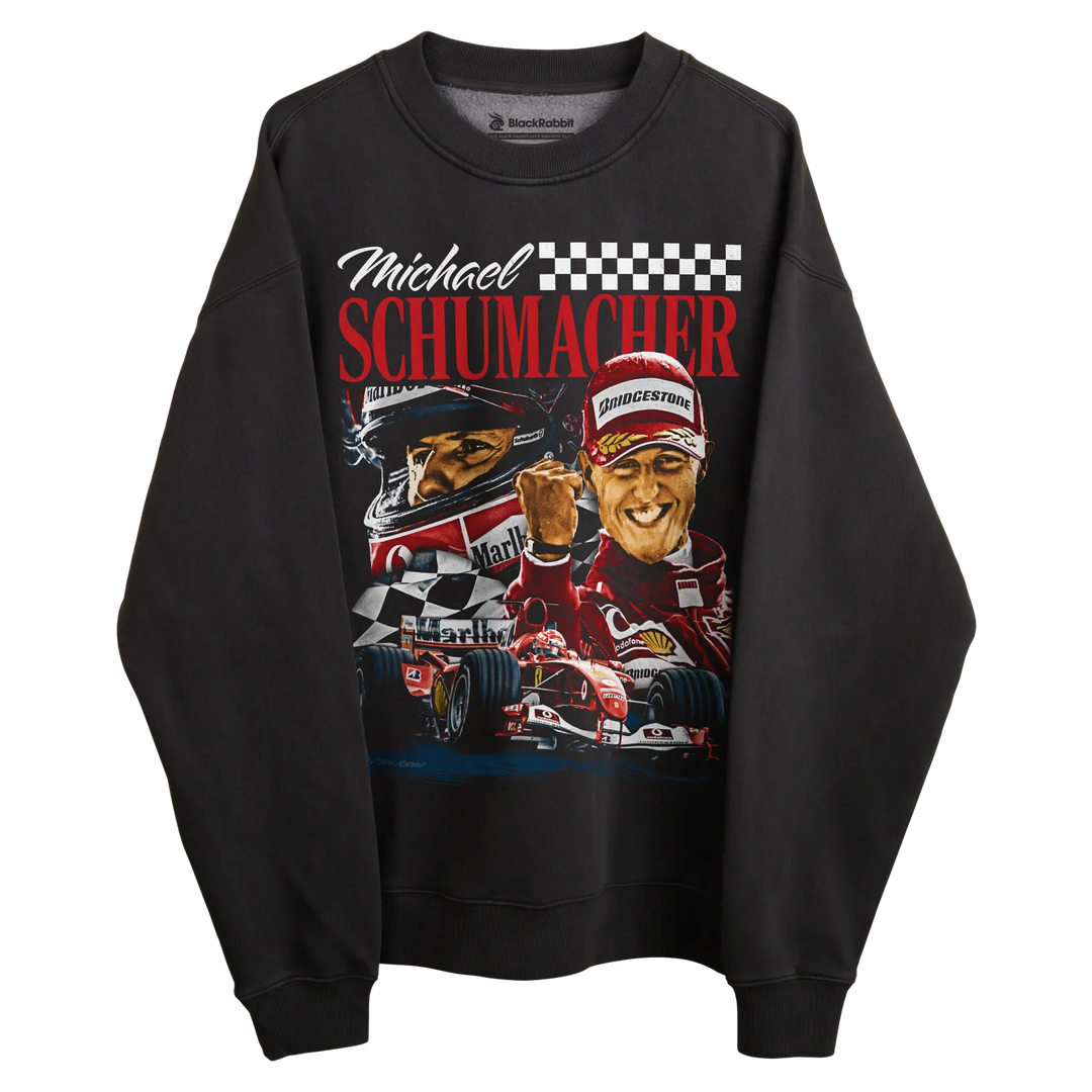 Black michael schumacher sweatshirt with racing car design and checkered flag.