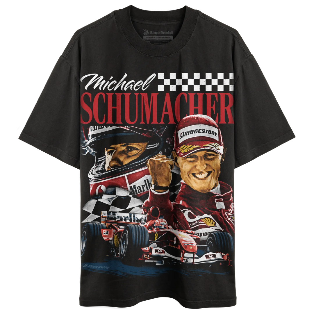 Black short-sleeved t-shirt with a vintage-style graphic print of Michael Schumacher.