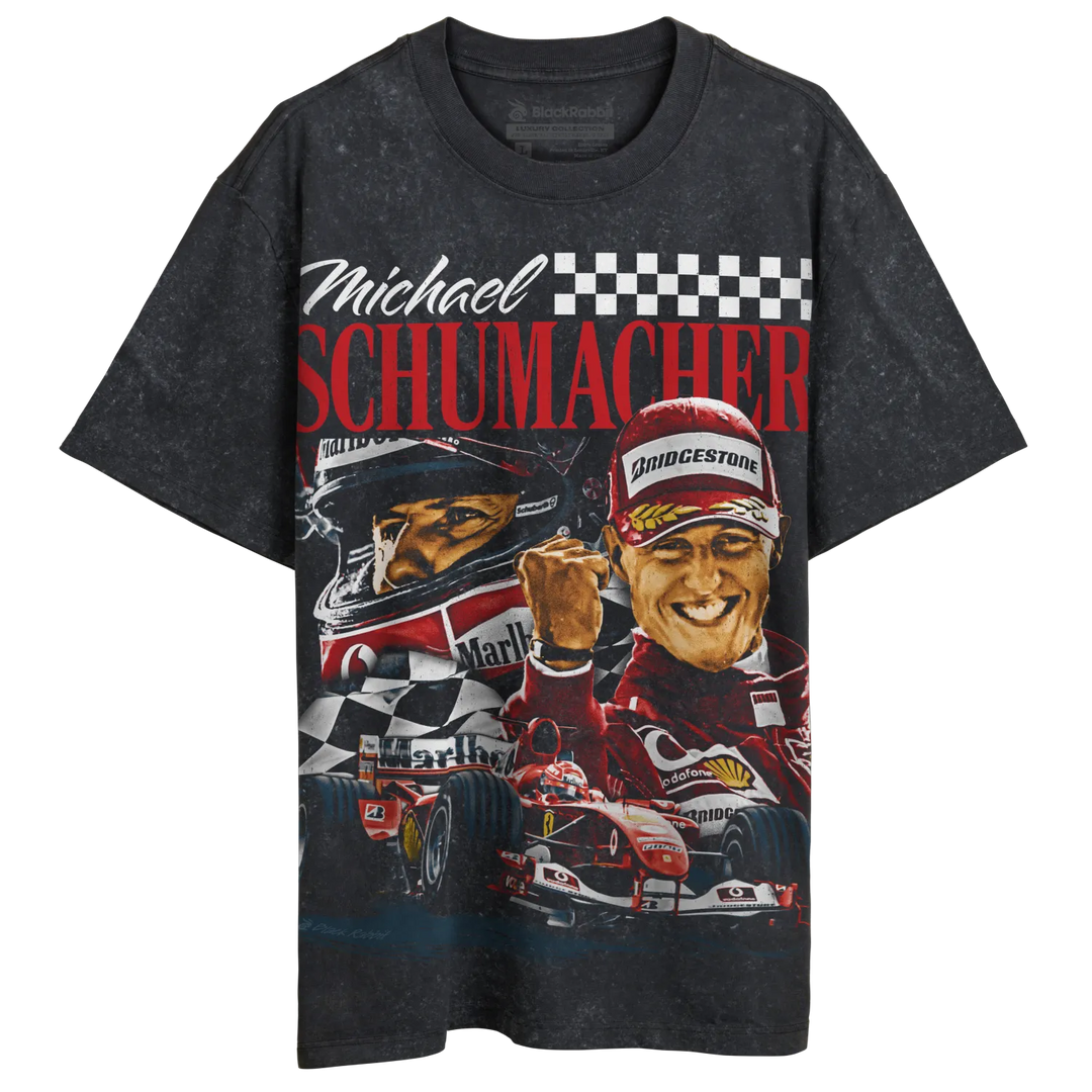 Black vintage-style t-shirt featuring a graphic of Michael Schumacher in racing gear.