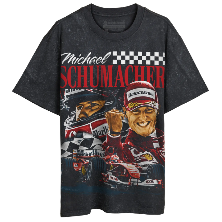 Black vintage-style t-shirt featuring a graphic of Michael Schumacher in racing gear.