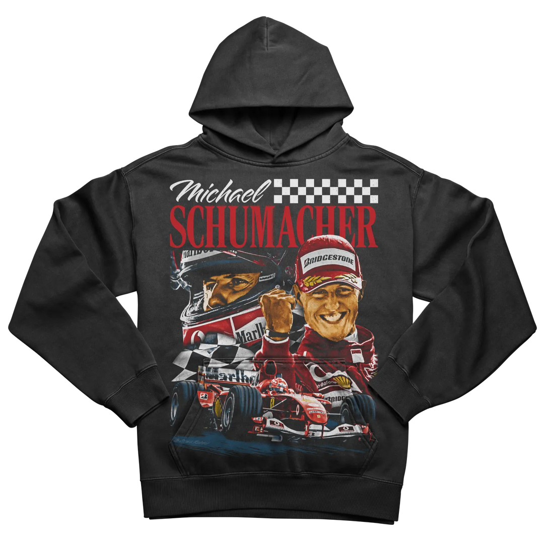 Black hoodie with a vintage-style graphic featuring Michael Schumacher.