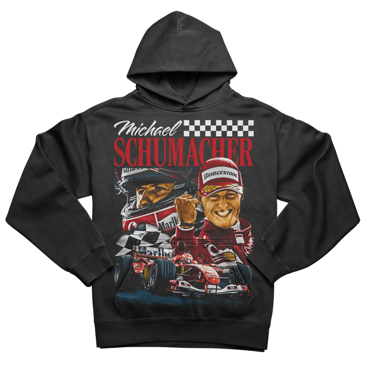 Black hoodie with a vintage-style graphic featuring Michael Schumacher.