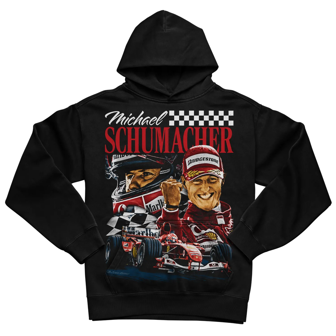 Black michael schumacher hoodie with racing car design and checkered flag pattern.