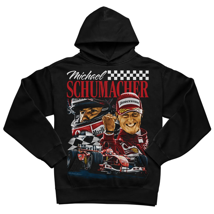 Black michael schumacher hoodie with racing car design and checkered flag pattern.
