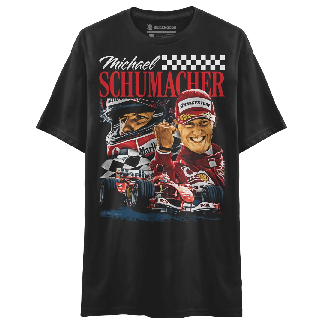 Black t-shirt with a graphic print of Michael Schumacher.