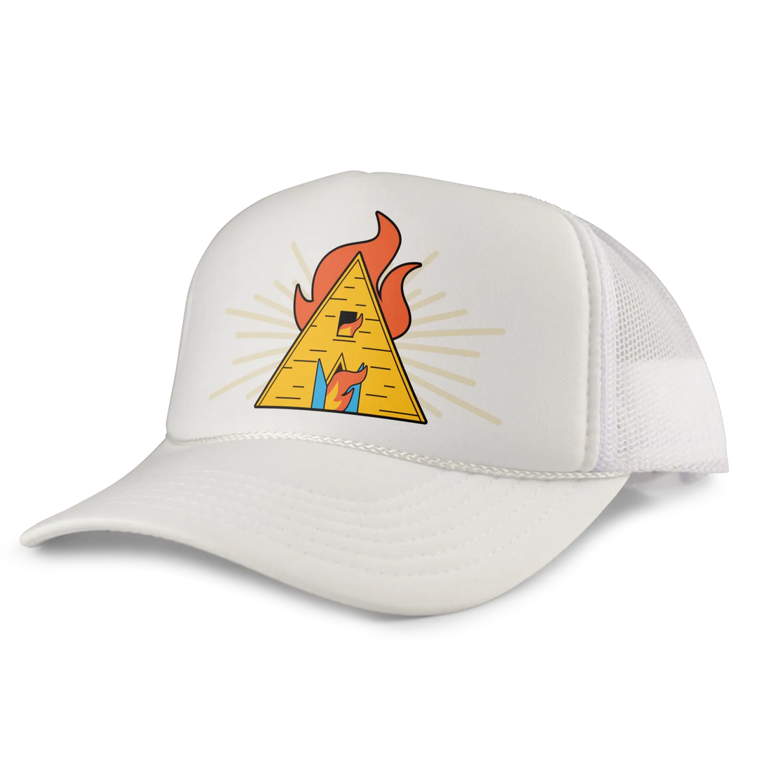 White mesh trucker hat featuring a vibrant yellow pyramid with orange flames and blue accents on the front panel.