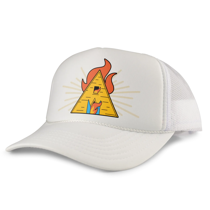 White mesh trucker hat featuring a vibrant yellow pyramid with orange flames and blue accents on the front panel.