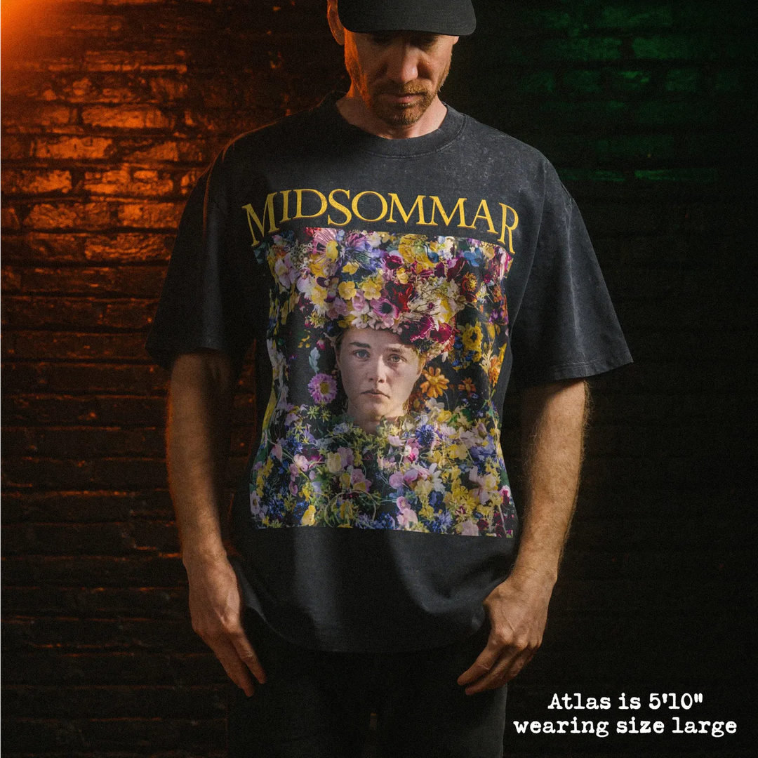 Model wearing heavy tee with midsommar flower dress graphic 
