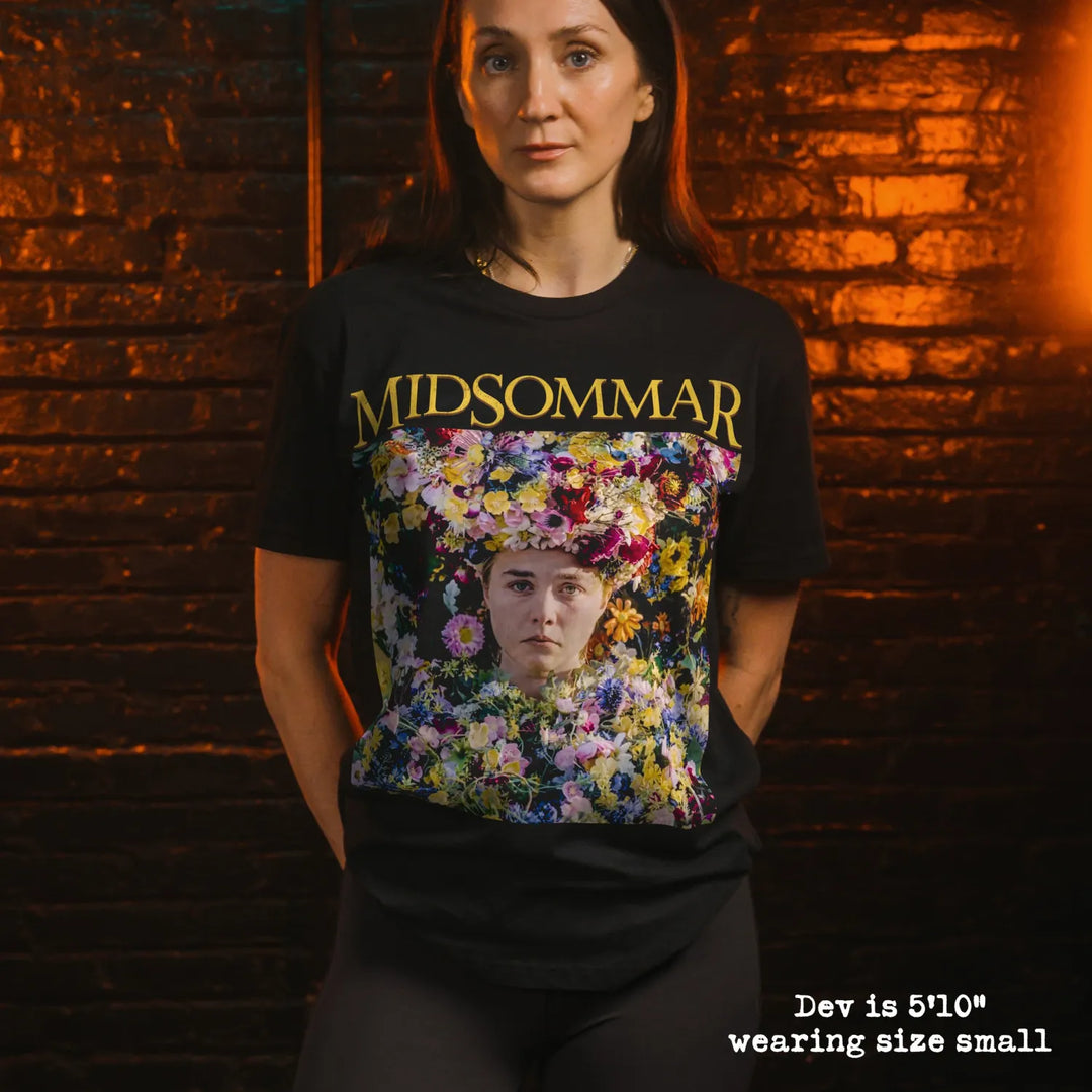 model wear soft premium tee with midsommar graphic
