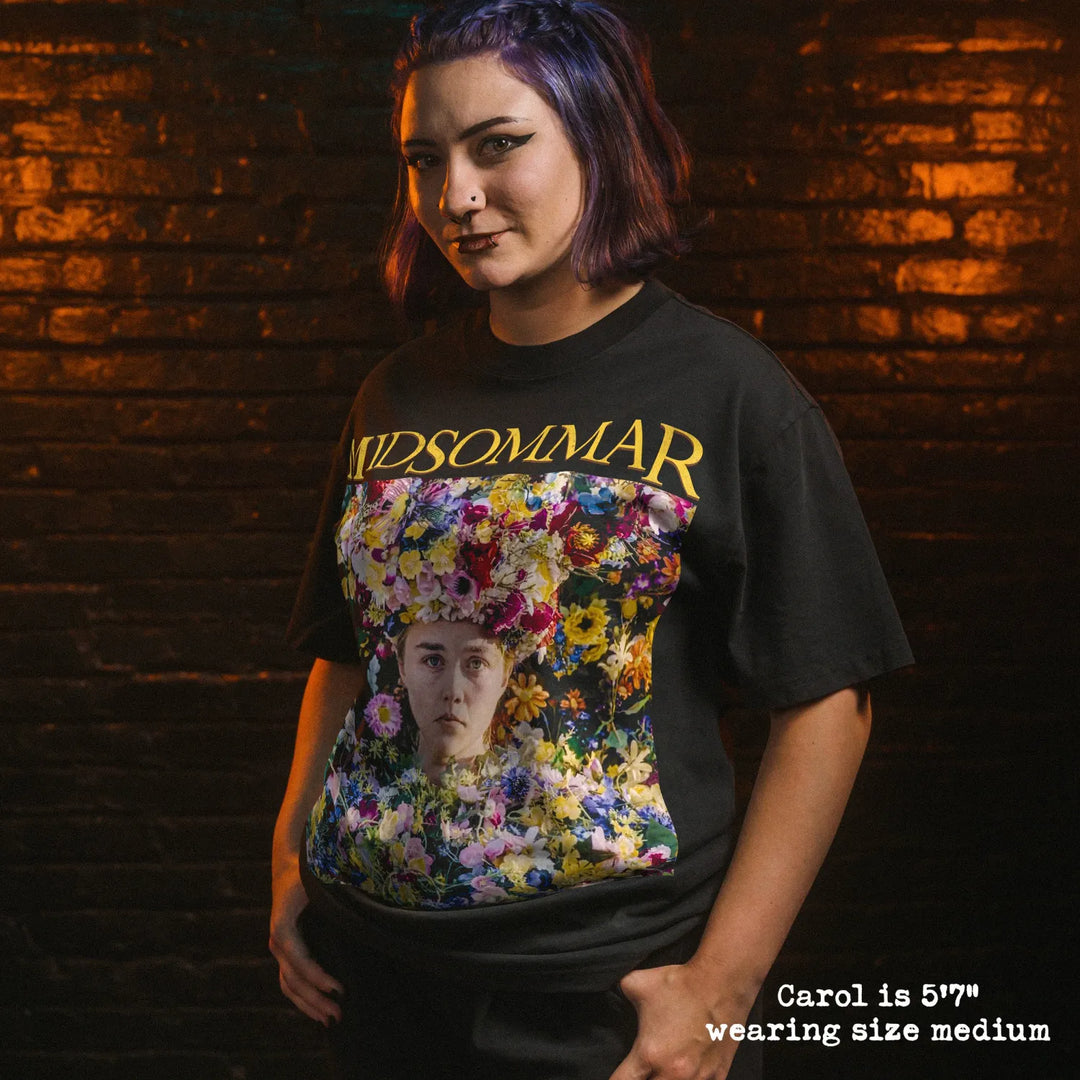 Model wearing heavy tee with midsommar flower dress graphic 