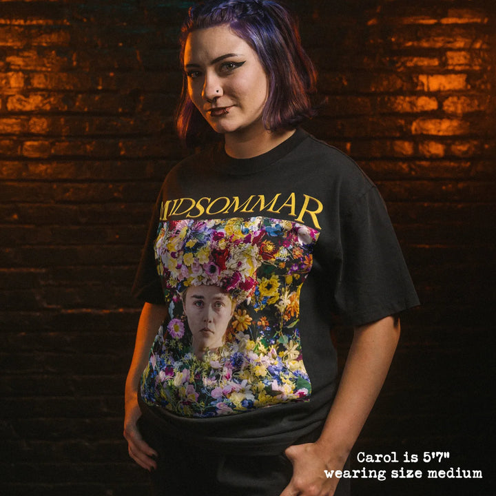 Model wearing heavy tee with midsommar flower dress graphic 