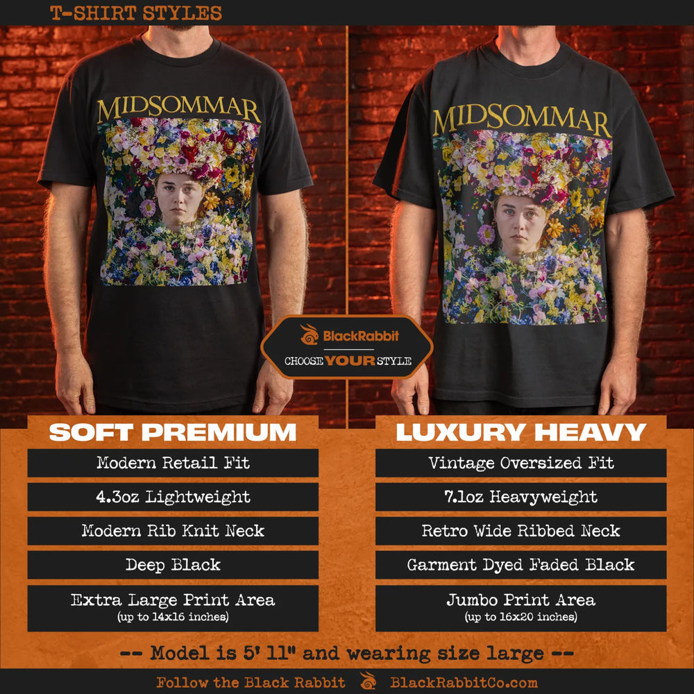 Comparison of two black Midsommar graphic t-shirt styles.