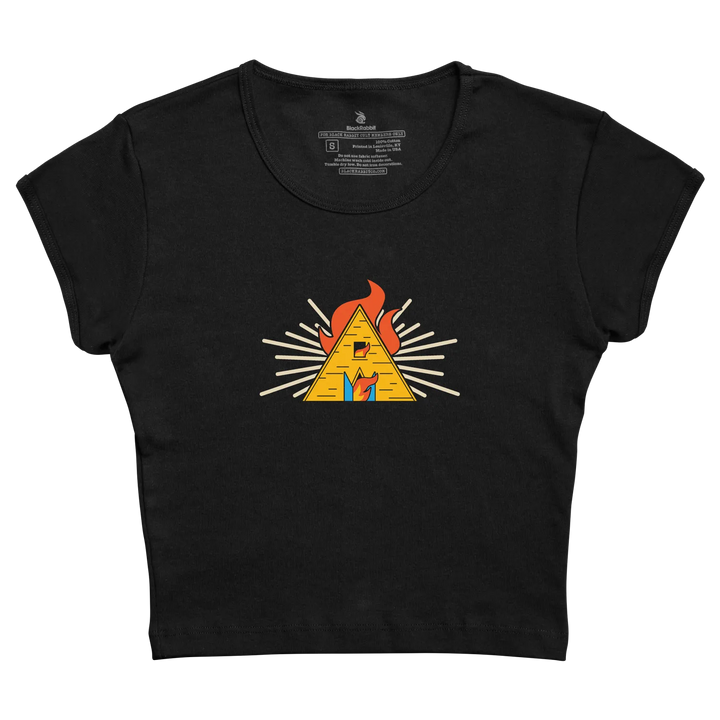 Black cropped t-shirt featuring a vibrant yellow pyramid with orange flames and white radiating lines across the chest.