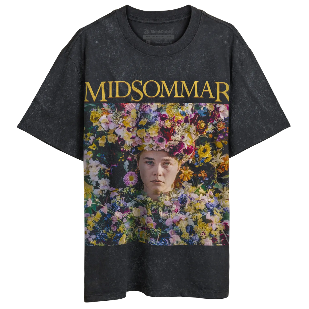 A dark gray t-shirt featuring the movie poster for ’Midsommar.’