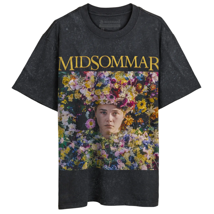 A dark gray t-shirt featuring the movie poster for ’Midsommar.’