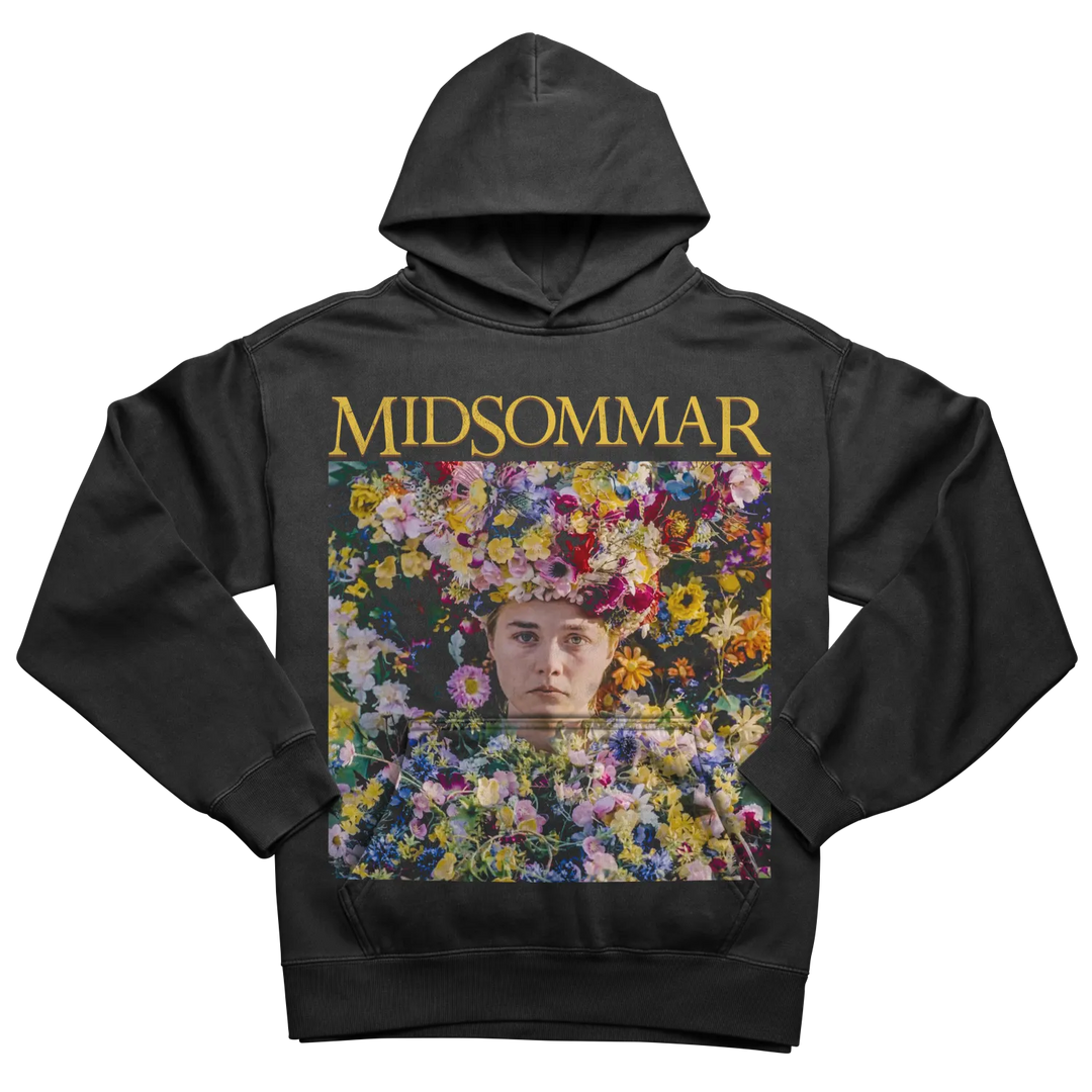 Black hoodie with a colorful ’Midsommar’ movie poster graphic.