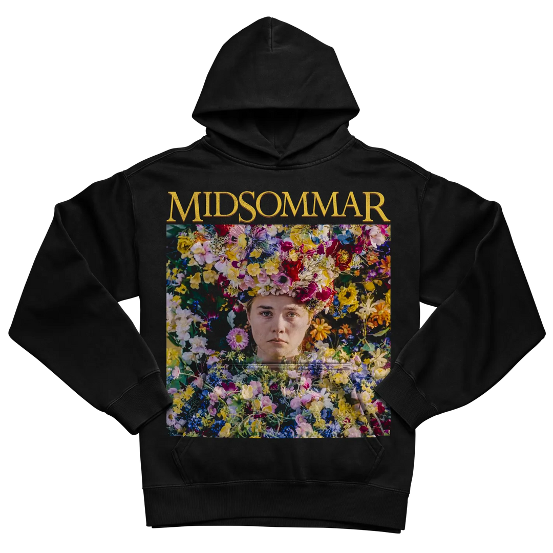 Black hoodie with floral design and ’midsommar’ text in gold.