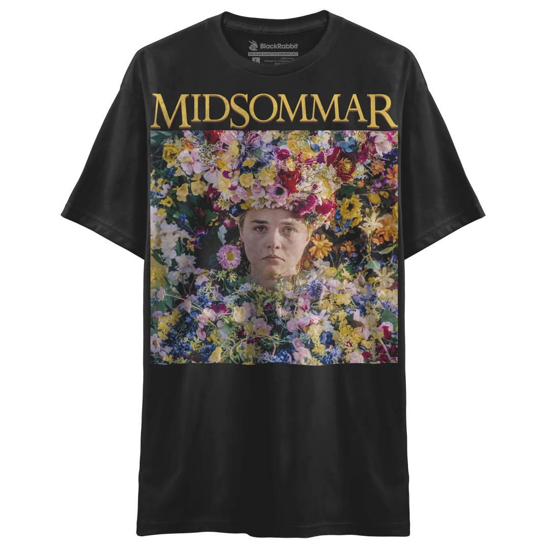 Black short-sleeved t-shirt with a colorful floral graphic.