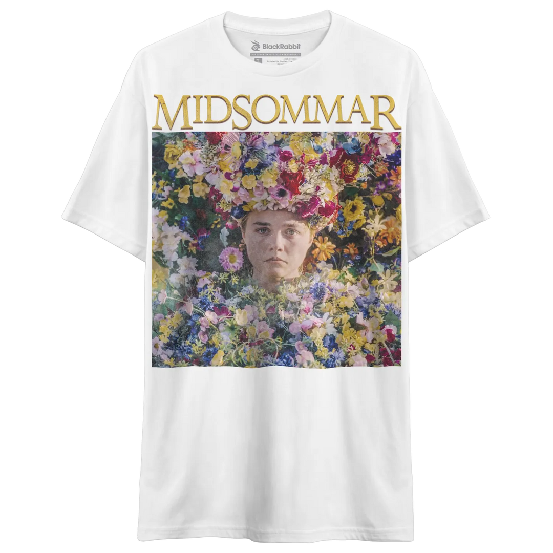 White short-sleeved Midsommar graphic t-shirt.