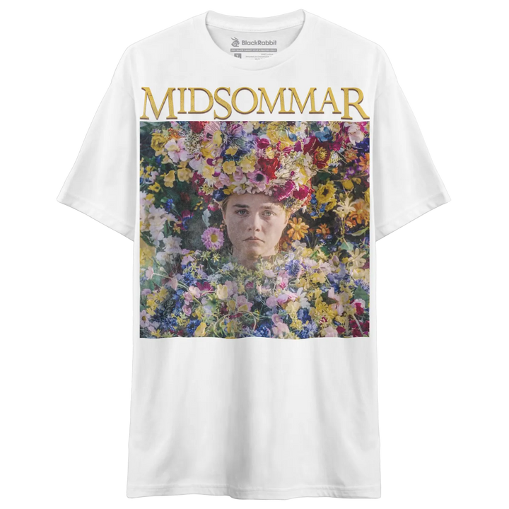 White short-sleeved Midsommar graphic t-shirt.