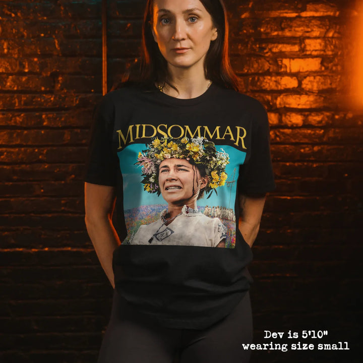 model wear soft premium tee with midsommar graphic
