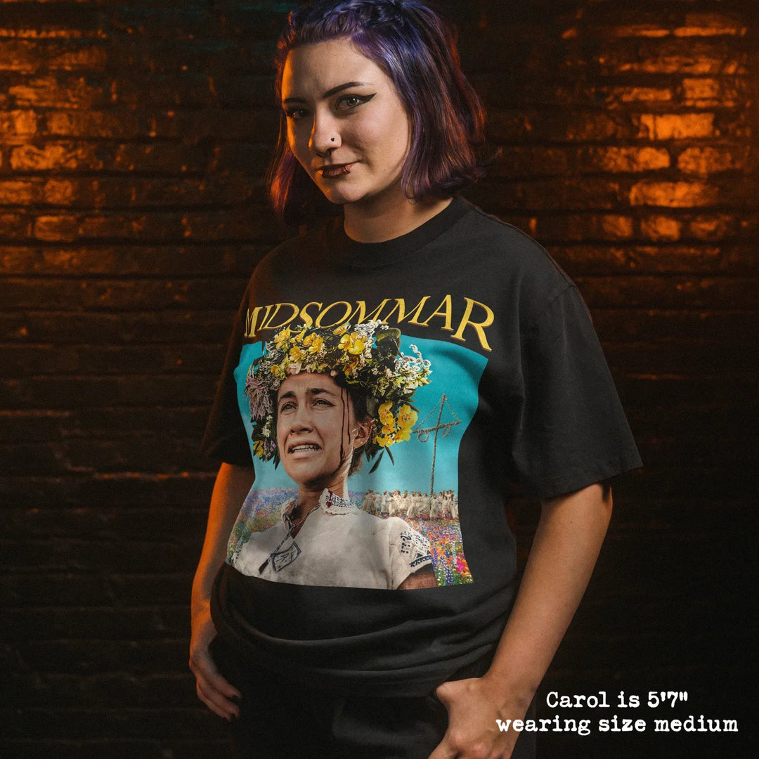 Model wearing heavy tee with midsommar maypole graphic 