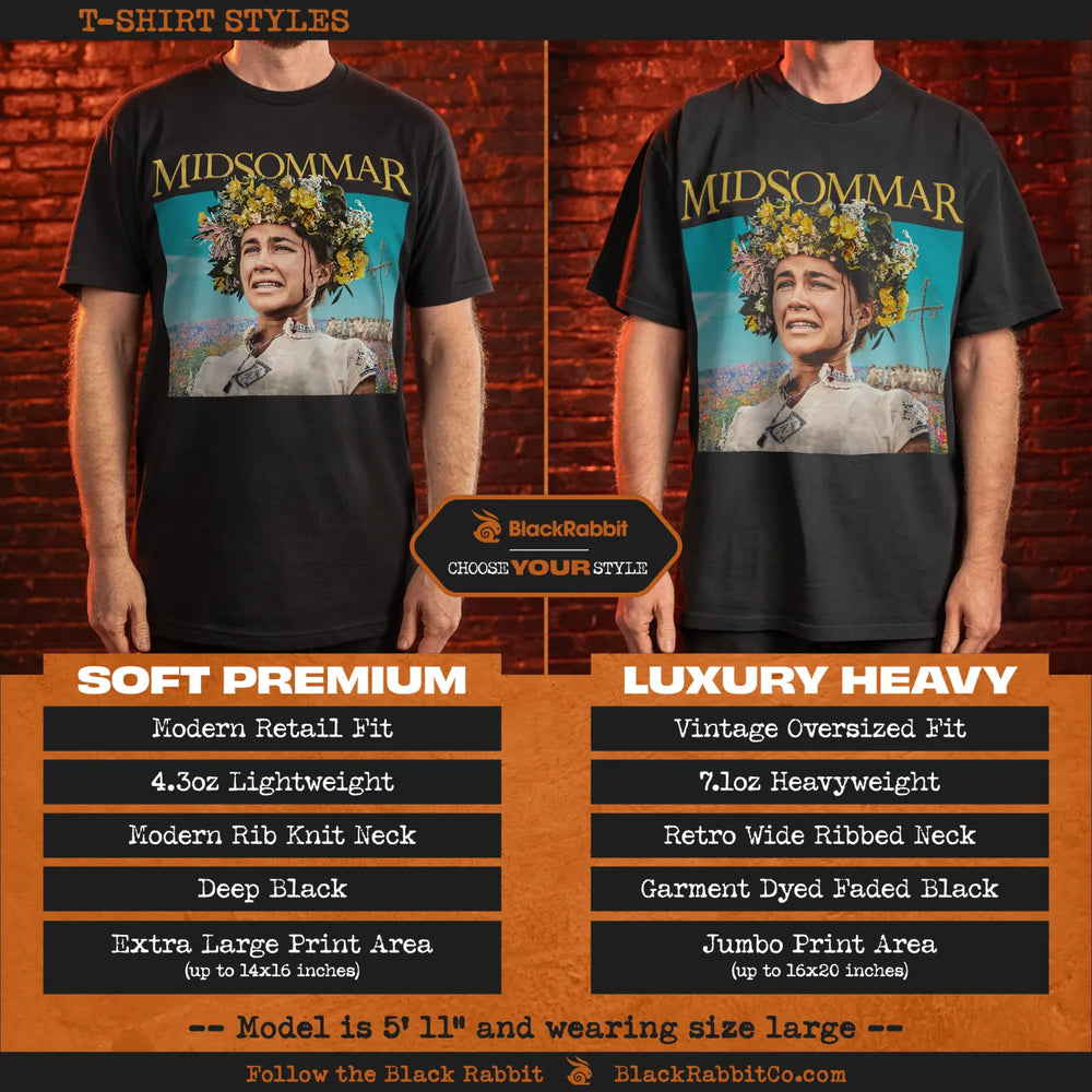 A comparison of two black Midsommar graphic t-shirt styles: soft premium and luxury heavy.
