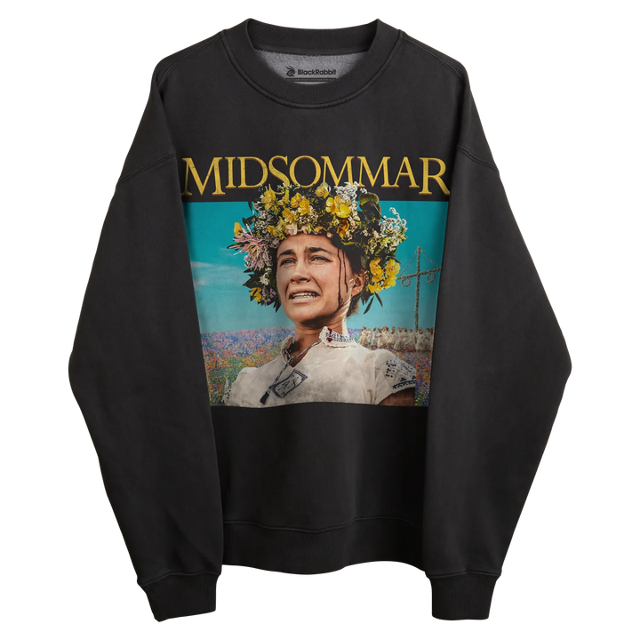 Black crewneck sweatshirt with ’midsommar’ graphic design featuring a woman in traditional attire and floral crown.