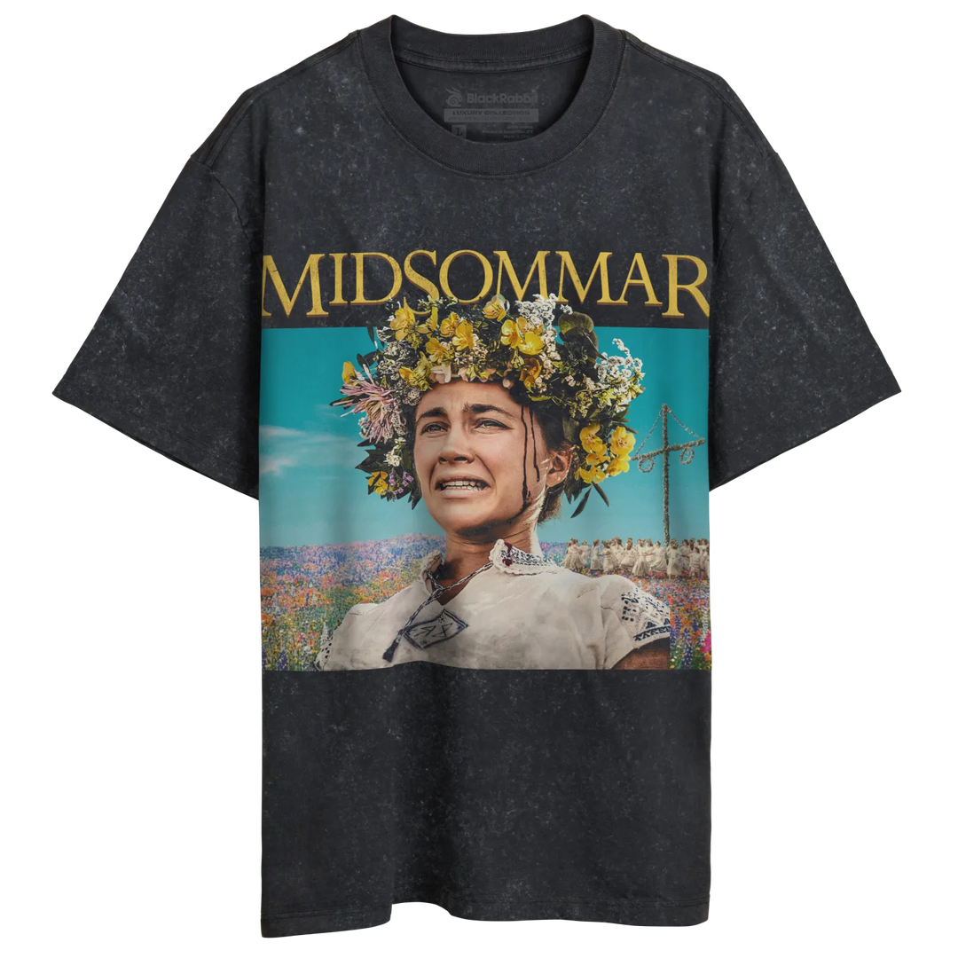 A dark gray graphic t-shirt featuring a still from the movie ’Midsommar.’